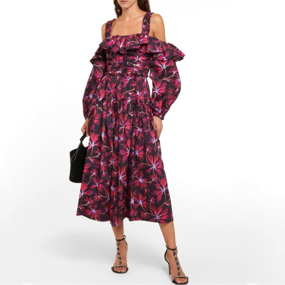 Ulla Johnson Caprice Floral Midi Dress Cold Shoulder Cotton Poplin